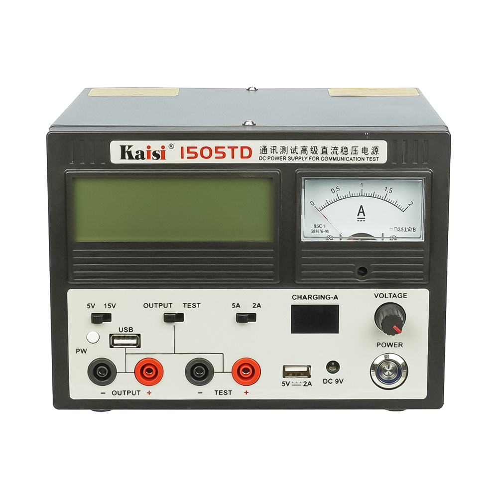 Блок живлення лабораторний Kaisi 1505TD 15V, 5A, цифрова/аналогова індикація, відновлення після КЗ, тестер, USB 5V/2A, DC 9V