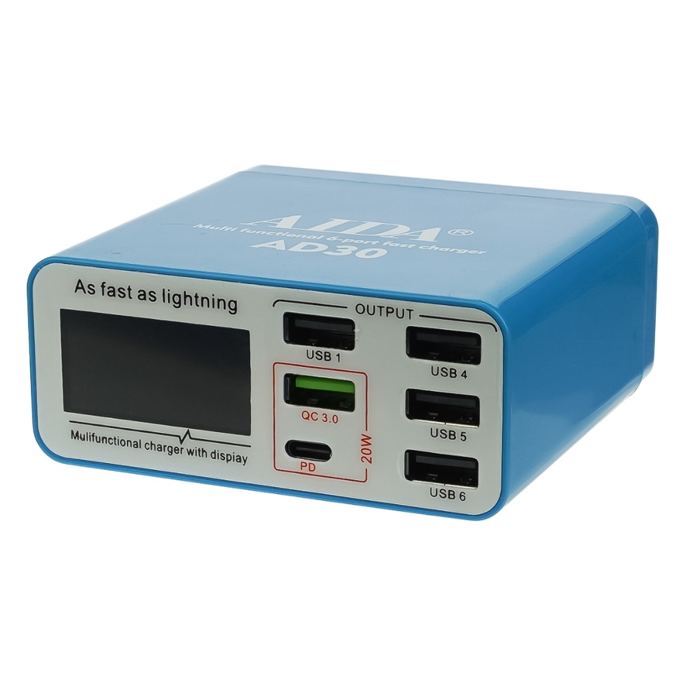 Зарядна станція з індикацією параметрів заряджання Aida AD30 (5 USB/ 1 Type-C, Fast Charge 3.0, 40W)